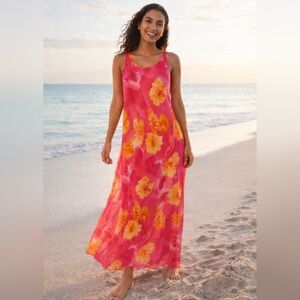 Positive Attitude Pink Orange Floral Chiffon Fairy Romantic Maxi Dress Sz Small‎